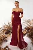 Sparkly Burgundy Corset Off the Shoulder Long Prom Dress with Slit