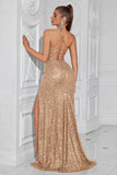 Sparkly Golden Sequin Mermaid Long Prom Dress with Slit