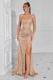 Sparkly Golden Sequin Mermaid Long Prom Dress with Slit
