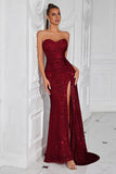 Sparkly Burgundy Sequins Sweetheart Mermaid Long Prom Dress with Slit