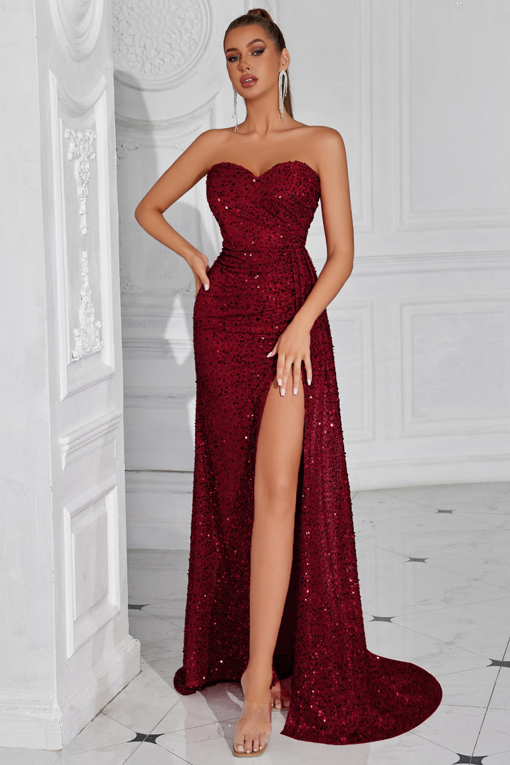 Sparkly Burgundy Sequins Sweetheart Mermaid Long Prom Dress with Slit