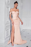 Blush Off The Shoulder Satin Sheath Long Corset Prom Dress with Slit