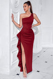 Black One Shoulder Satin Mermaid Long Prom Dress with Ruffles