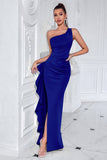 Black One Shoulder Satin Mermaid Long Prom Dress with Ruffles