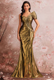 One Shoulder Golden Mermaid Pleated Prom Dress