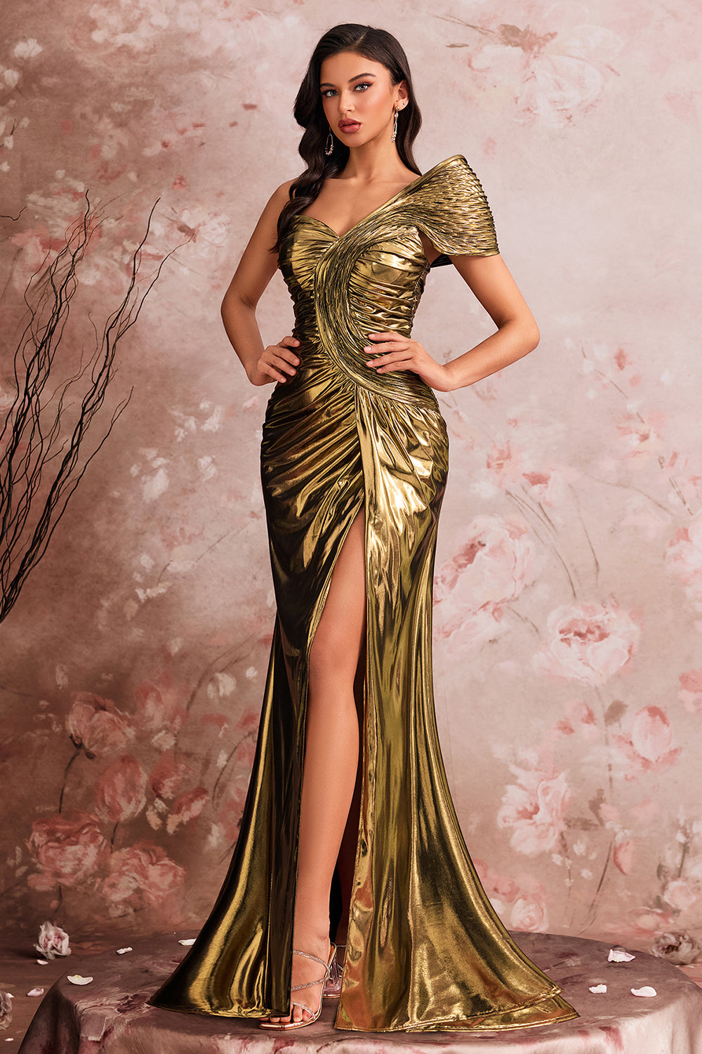 One Shoulder Golden Mermaid Pleated Prom Dress