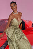 Golden Strapless A Line Prom Dress with Bow