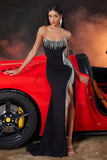 Strapless Black Mermaid Prom Dress with Tassel