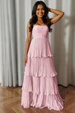 A-Line Strapless Blush Pink Pleated Tiered Bridesmaid Dress