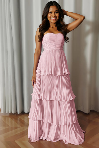ZAPAKA Women Blush Pink A-Line Bridesmaid Dress Strapless Pleated Tiered Long Wedding Guest Dress ZAPAKA Women Blush Pink A-Line Bridesmaid Dress Strapless Pleated Tiered Long Wedding Guest Dress