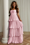 A-Line Strapless Blush Pink Pleated Tiered Bridesmaid Dress