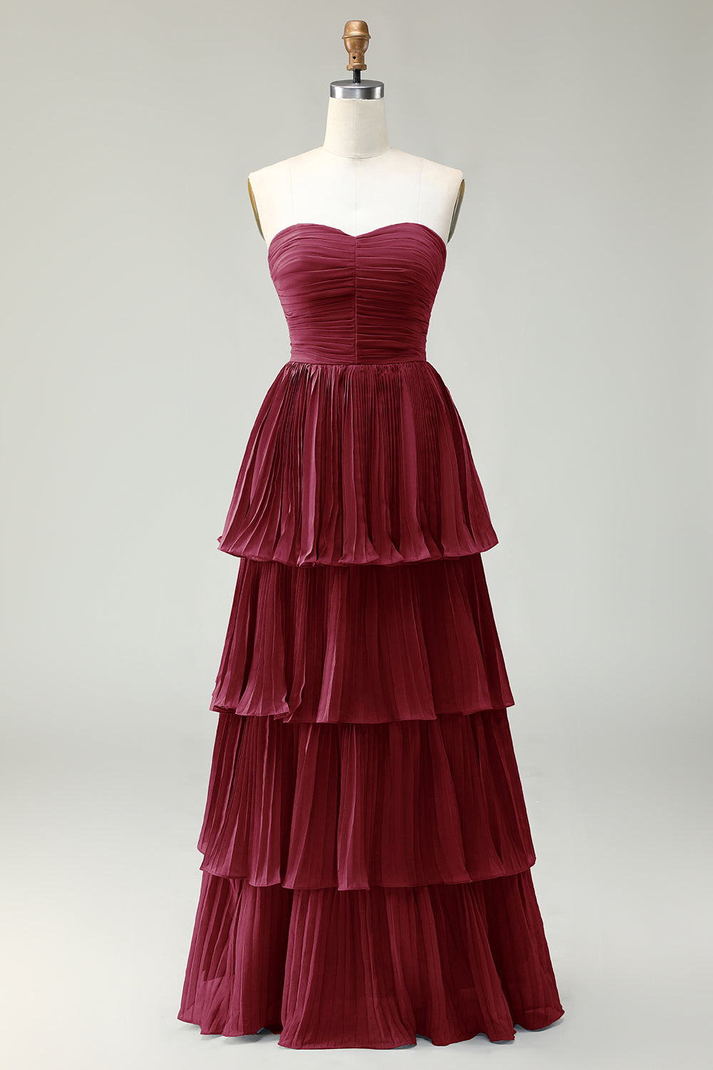 Dusty Blue A-Line Strapless Pleated Tiered Long Bridesmaid Dress