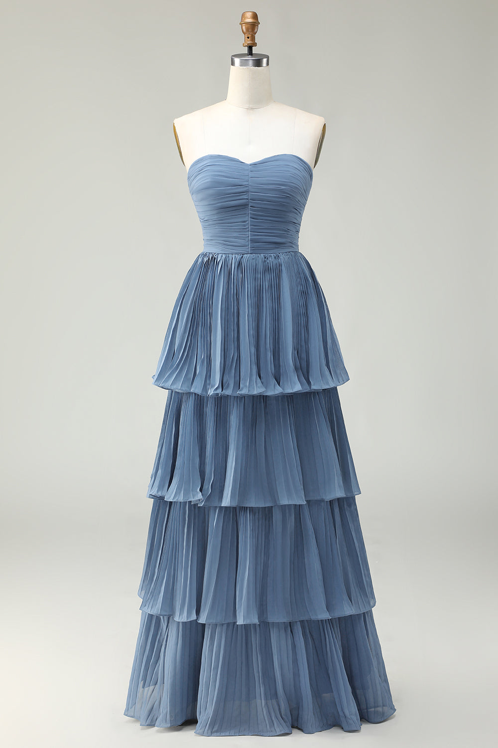 Dusty Blue A-Line Strapless Pleated Tiered Long Bridesmaid Dress