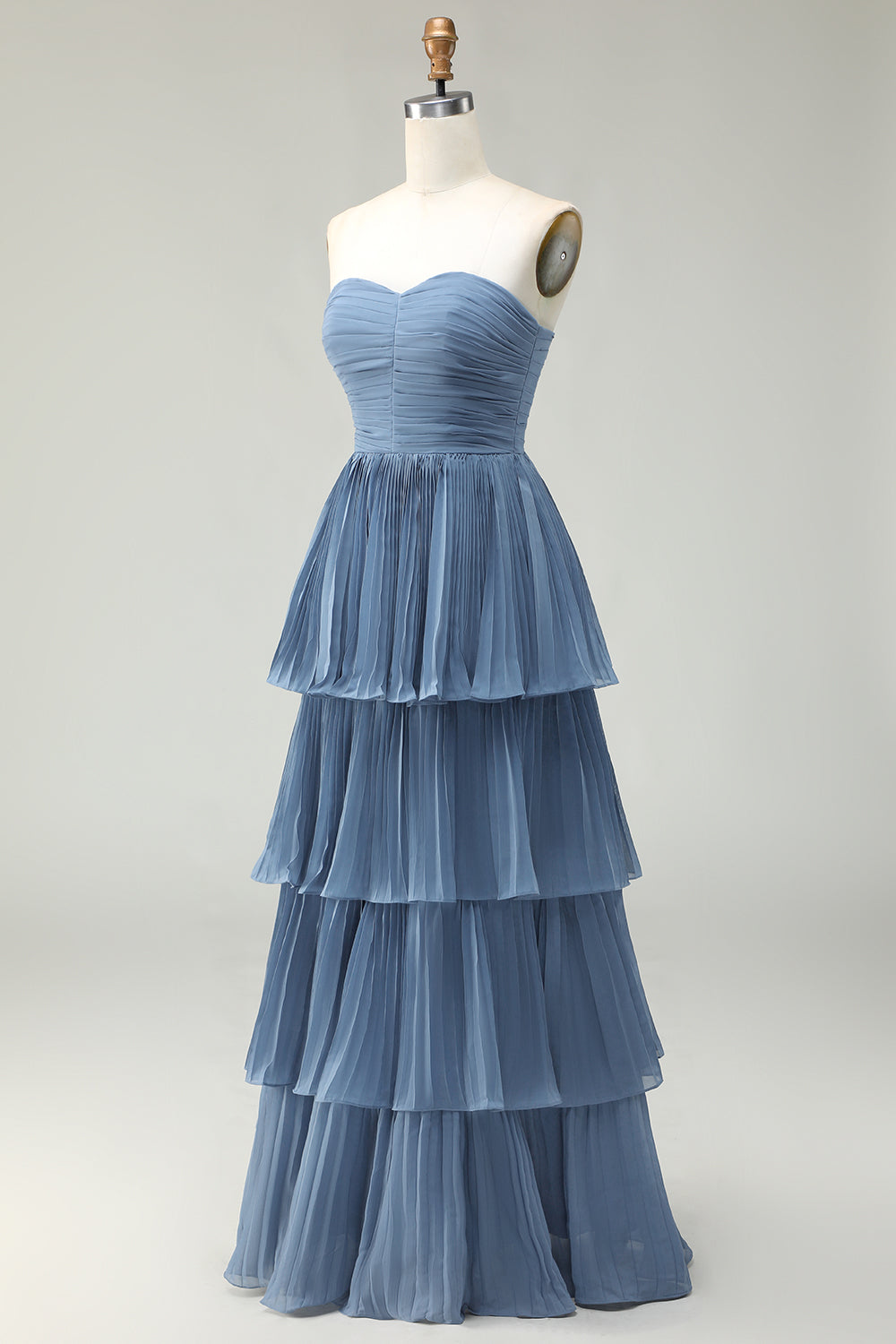 Dusty Blue A-Line Strapless Pleated Tiered Long Bridesmaid Dress