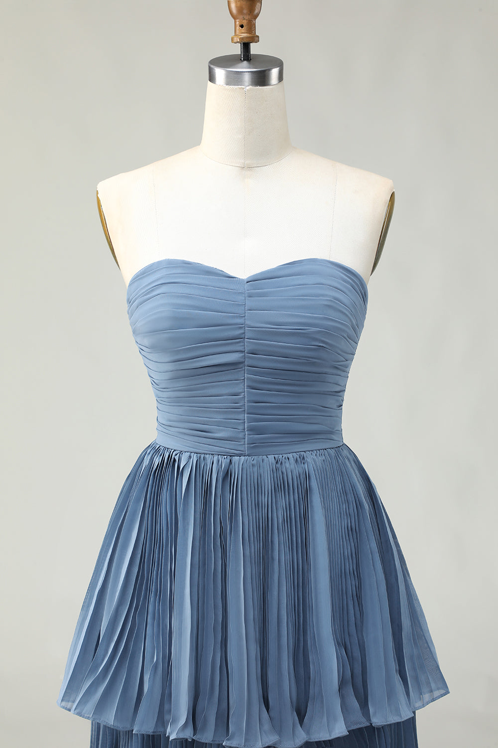 Dusty Blue A-Line Strapless Pleated Tiered Long Bridesmaid Dress
