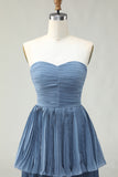Dusty Blue A-Line Strapless Pleated Tiered Long Bridesmaid Dress