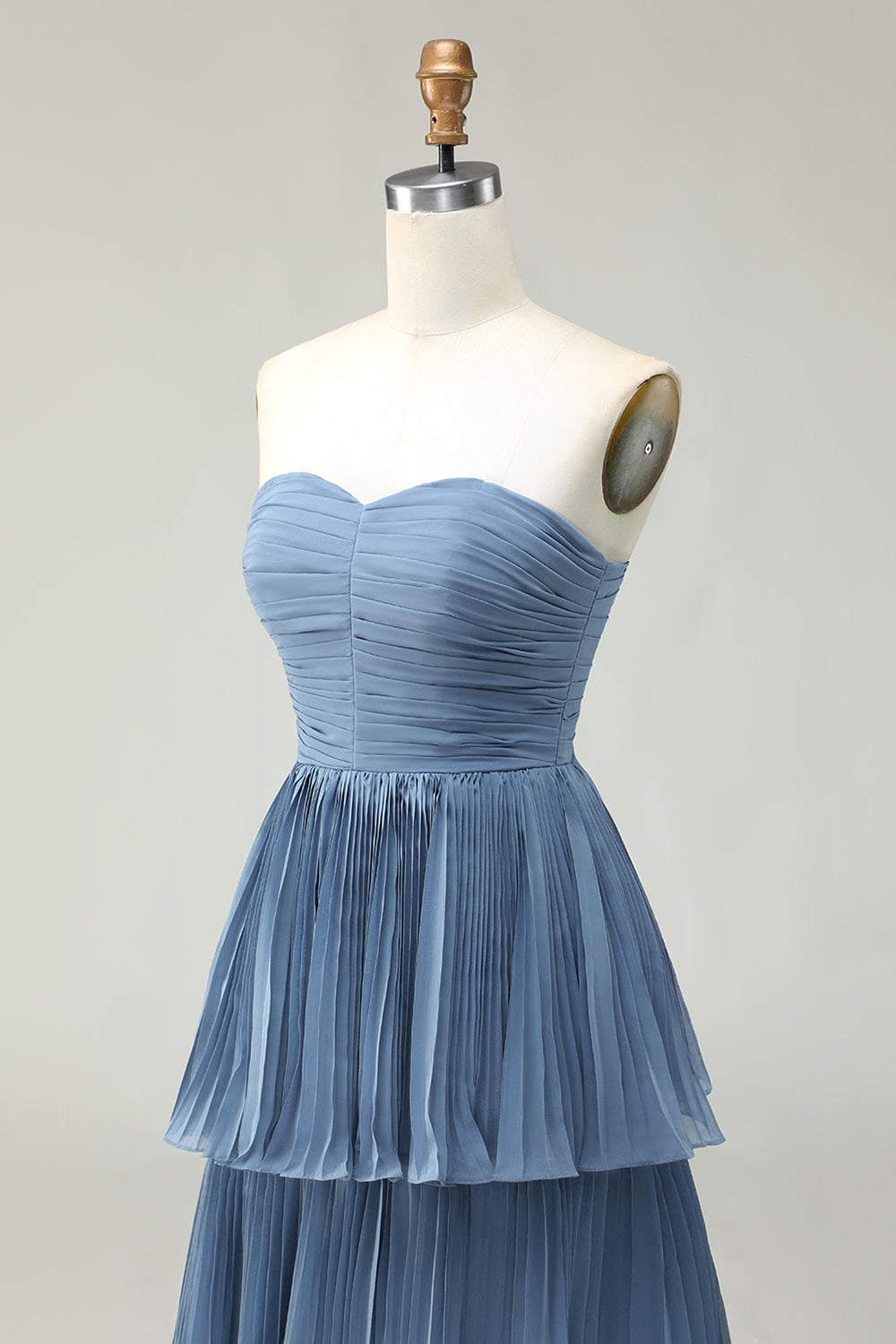 Dusty Blue A-Line Strapless Pleated Tiered Long Bridesmaid Dress