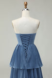 Dusty Blue A-Line Strapless Pleated Tiered Long Bridesmaid Dress