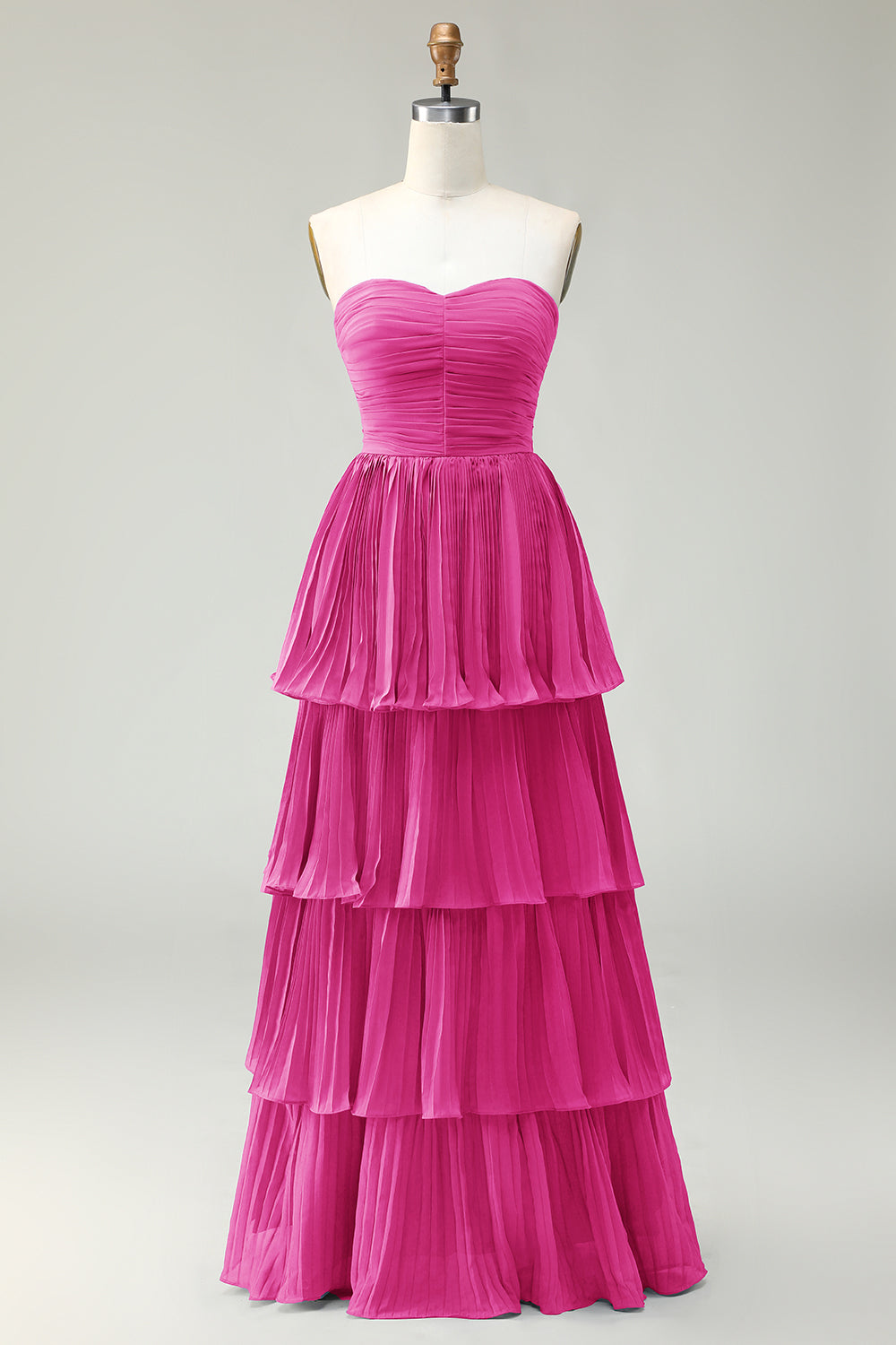 Dusty Blue A-Line Strapless Pleated Tiered Long Bridesmaid Dress