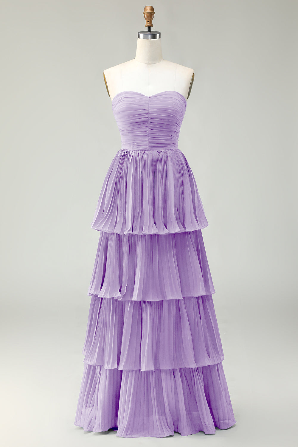 Dusty Blue A-Line Strapless Pleated Tiered Long Bridesmaid Dress