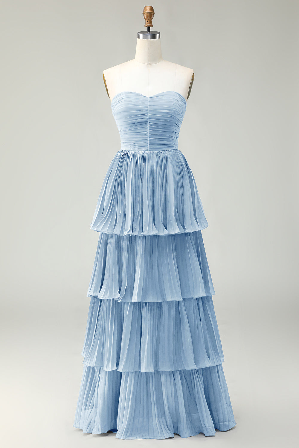 Dusty Blue A-Line Strapless Pleated Tiered Long Bridesmaid Dress