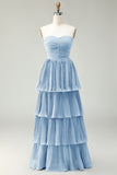 Dusty Blue A-Line Strapless Pleated Tiered Long Bridesmaid Dress