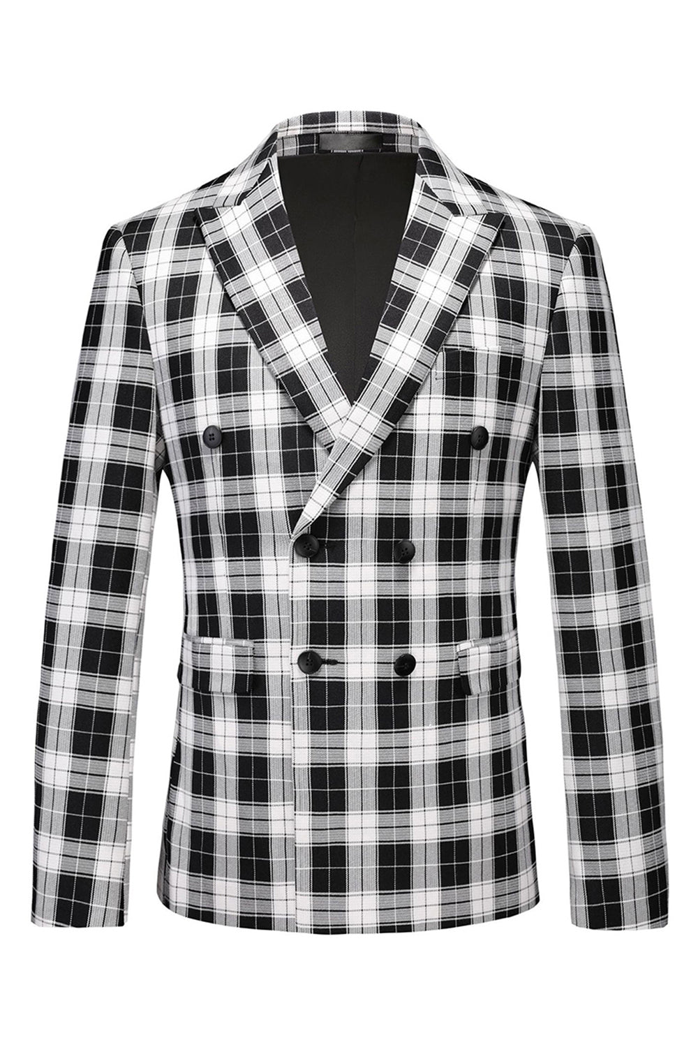 Black and White Peak Lapel Double Breasted Plaid Men's Blazer