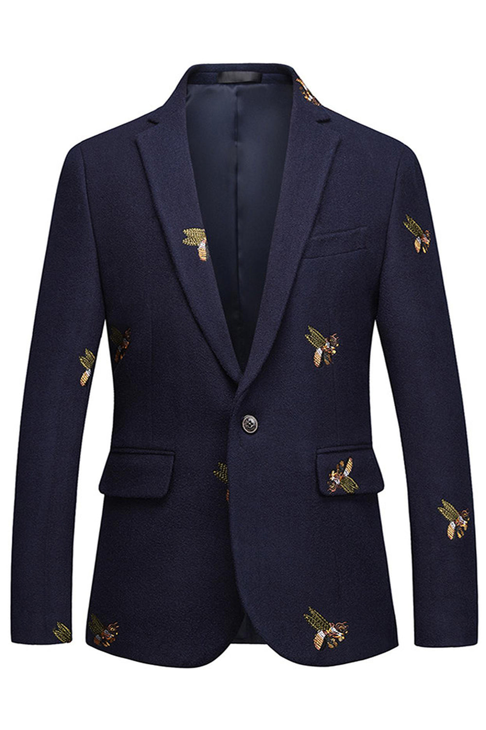 Navy Notched Lapel One Button Embroidered Men's Blazer