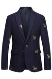 Navy Notched Lapel One Button Embroidered Men's Blazer