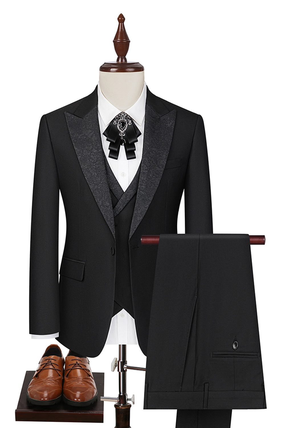 Slim Fit 3 Piece Peak Lapel Men's Black Suits