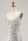 Sparkly Silver Strapless Corset Mermaid Long Prom Dress With Slit