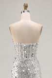 Sparkly Silver Strapless Corset Mermaid Long Prom Dress With Slit