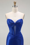 Royal Blue Mermaid Strapless Beaded Corset Long Prom Dress with Slit
