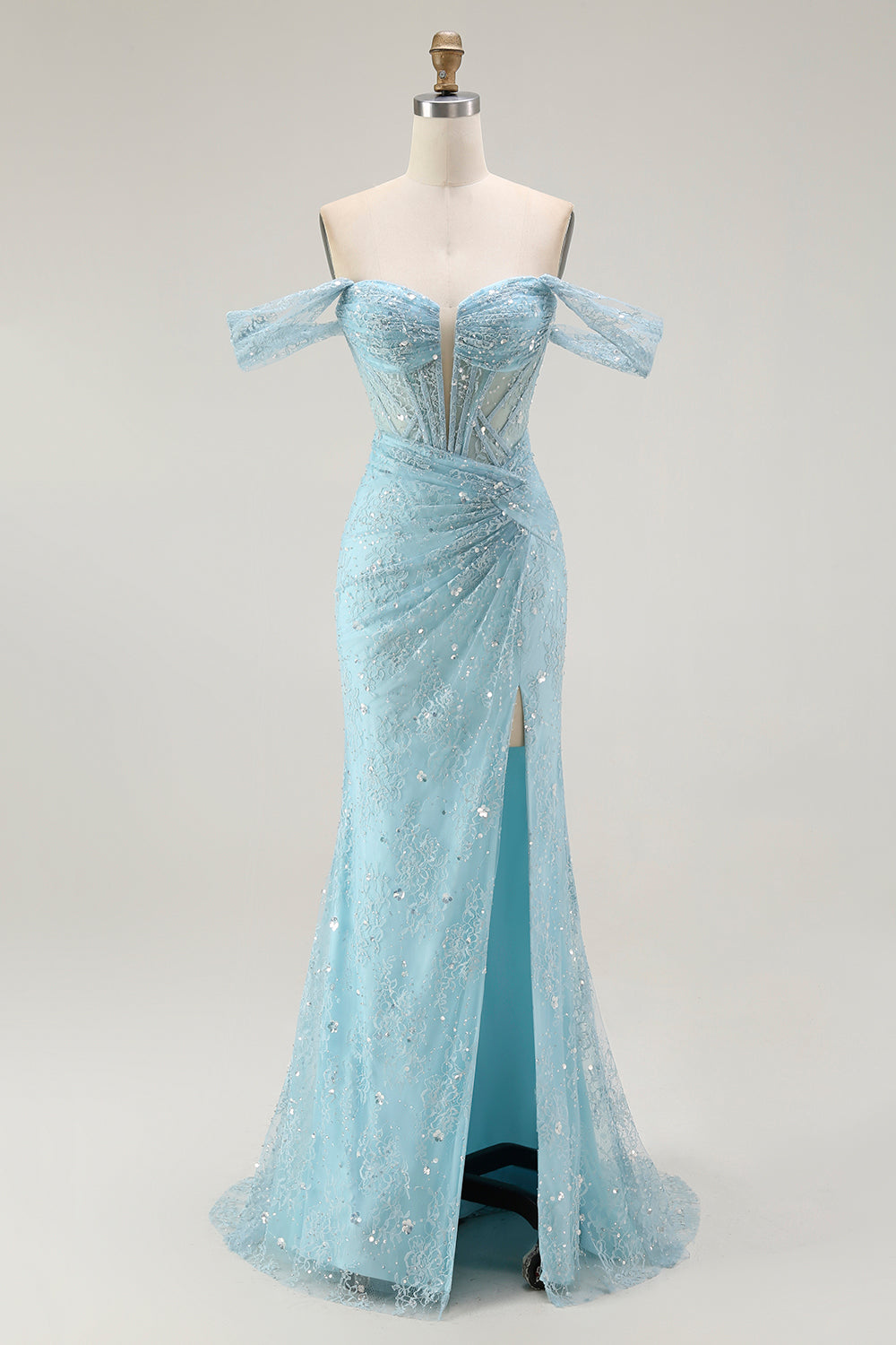 Blue Mermaid Off The Shoulder Beaded Long Prom Dress with Slit