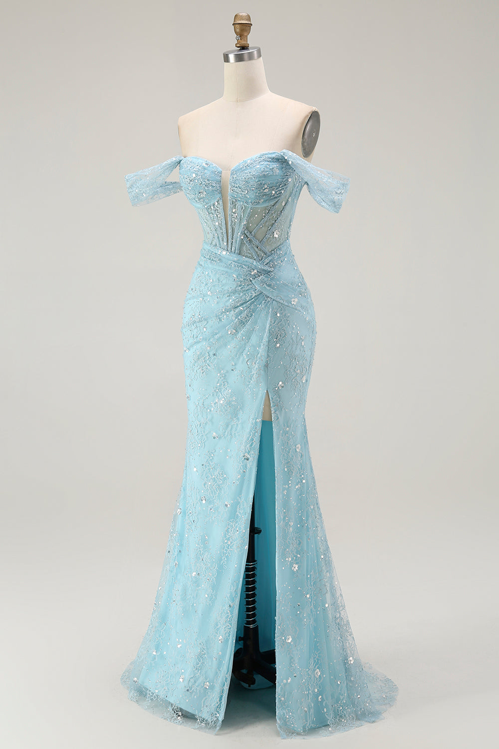 Blue Mermaid Off The Shoulder Beaded Long Prom Dress with Slit