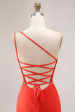 One Shoulder Orange Mermaid Beaded Long Prom Dress With Slit