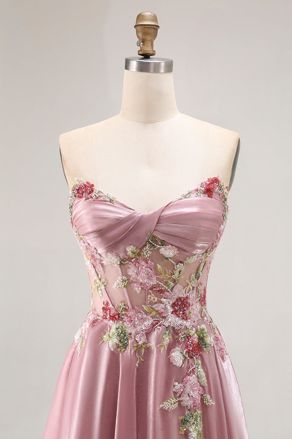Sweetheart A Line Appliqued Grey Pink Long Prom Dress With Slit