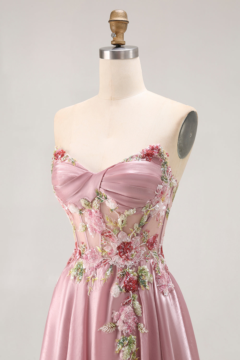 Sweetheart A Line Appliqued Grey Pink Long Prom Dress With Slit