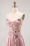 Sweetheart A Line Appliqued Grey Pink Long Prom Dress With Slit