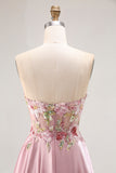 Sweetheart A Line Appliqued Grey Pink Long Prom Dress With Slit