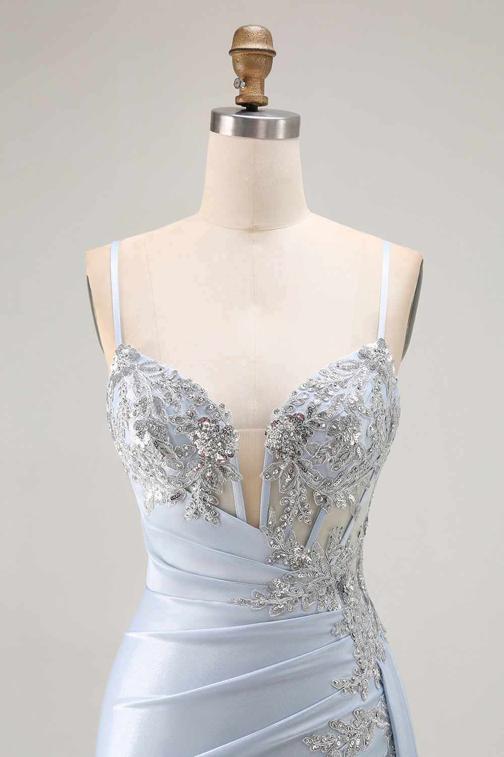 Light Blue Mermaid Appliqued Corset Long Prom Dress With Slit