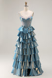 Blue Metallic A-Line Corset Tiered Long Prom Dress With Beading