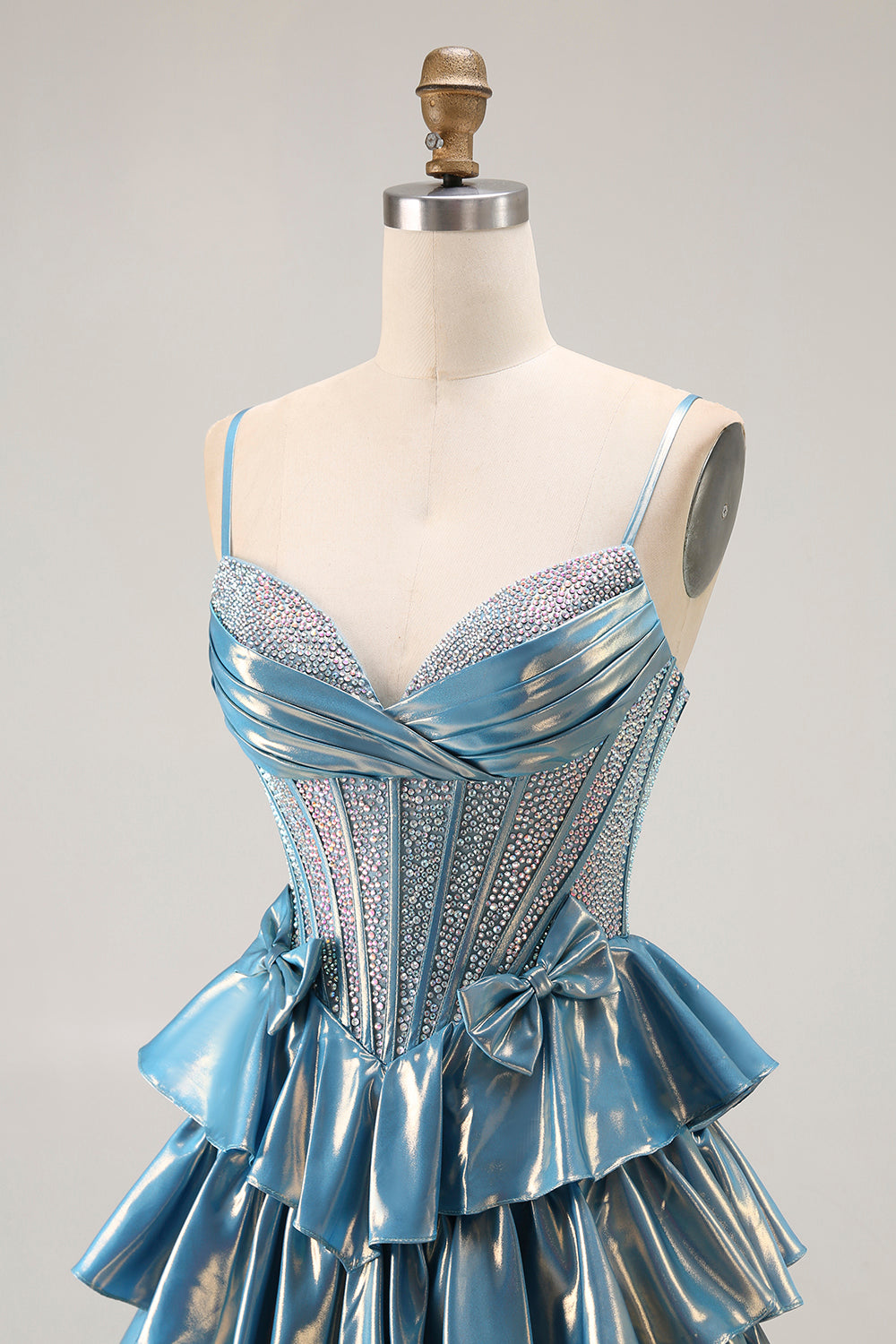 Blue Metallic A-Line Corset Tiered Long Prom Dress With Beading
