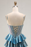 Blue Metallic A-Line Corset Tiered Long Prom Dress With Beading