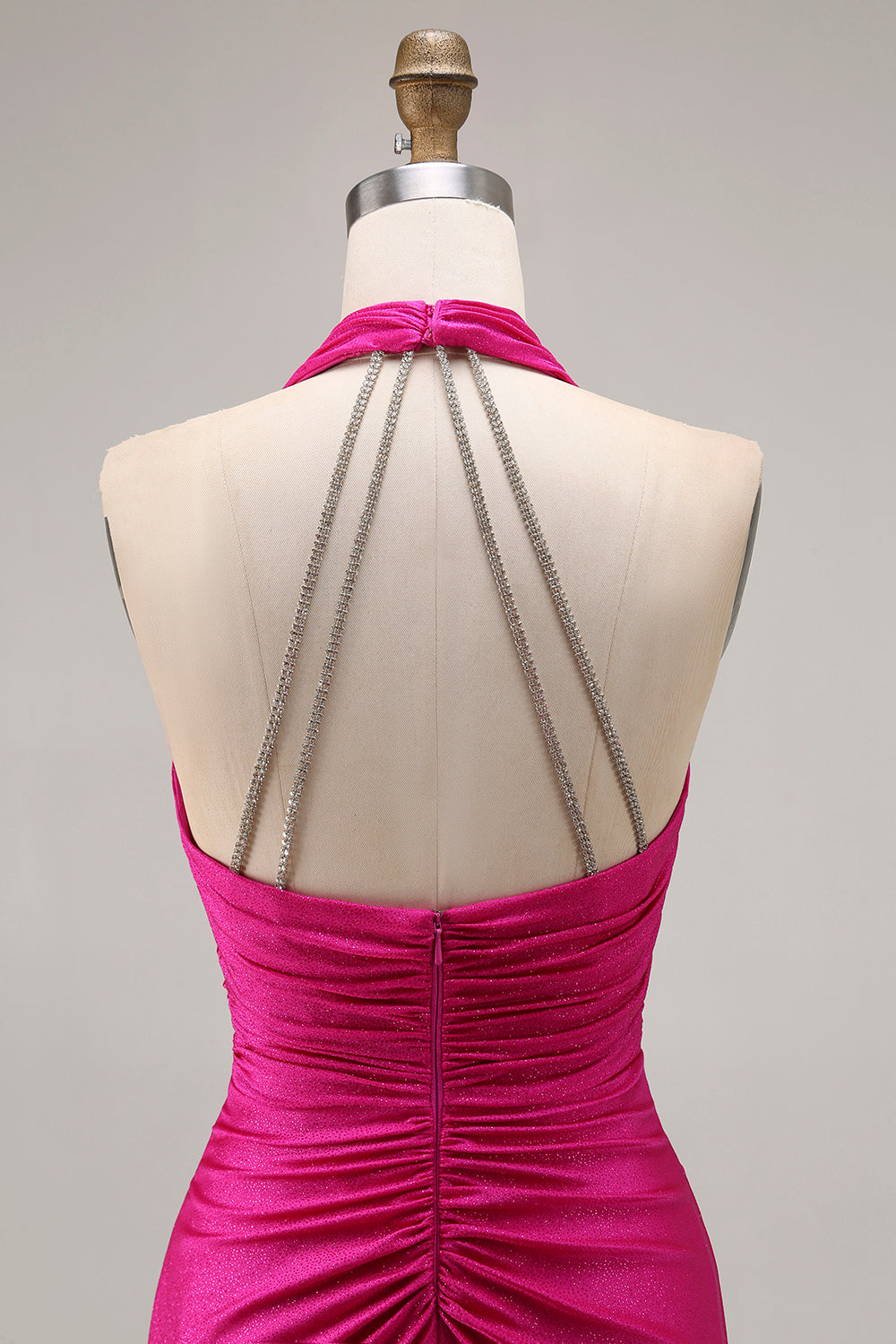 Fuchsia Halter Ruched Mermaid Long Prom Dress With Slit