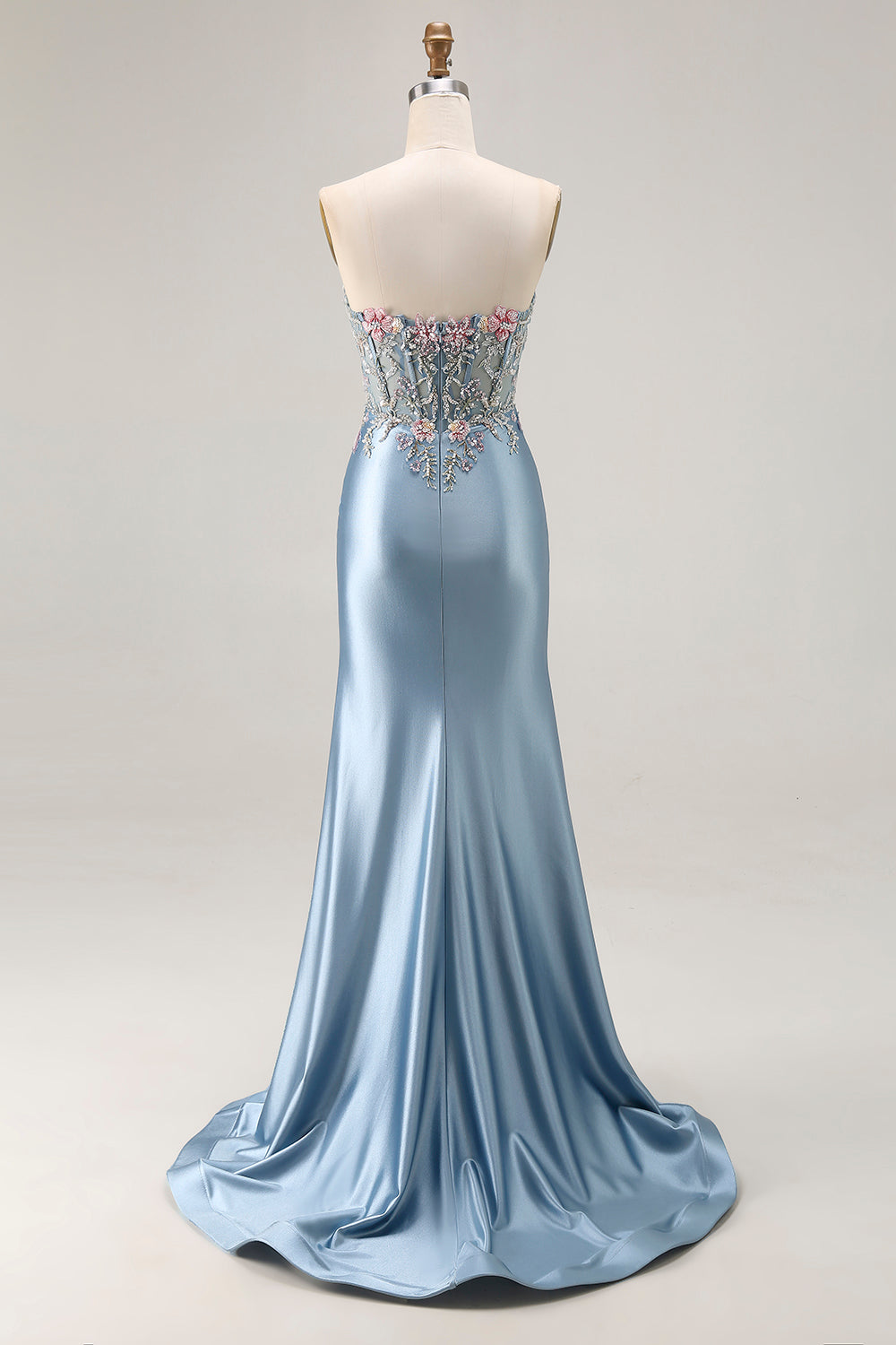 Grey Blue Mermaid Sweetheart Appliqued Corset Beaded Long Prom Dress With Slit