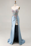 Grey Blue Mermaid Sweetheart Appliqued Corset Beaded Long Prom Dress With Slit