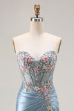 Grey Blue Mermaid Sweetheart Appliqued Corset Beaded Long Prom Dress With Slit