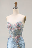 Grey Blue Mermaid Sweetheart Appliqued Corset Beaded Long Prom Dress With Slit