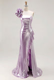 Metallic Lilac One-Shoulder Long Prom Dress with Draped Ruffle Detail